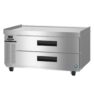 Stainless steel commercial refrigerator with two pull-out drawers, digital control panel, and wheels for mobility.