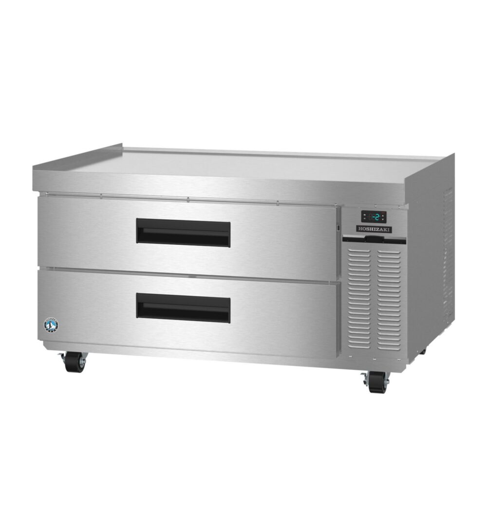 A stainless steel commercial refrigerator with two pull-out drawers, a digital display, and caster wheels.