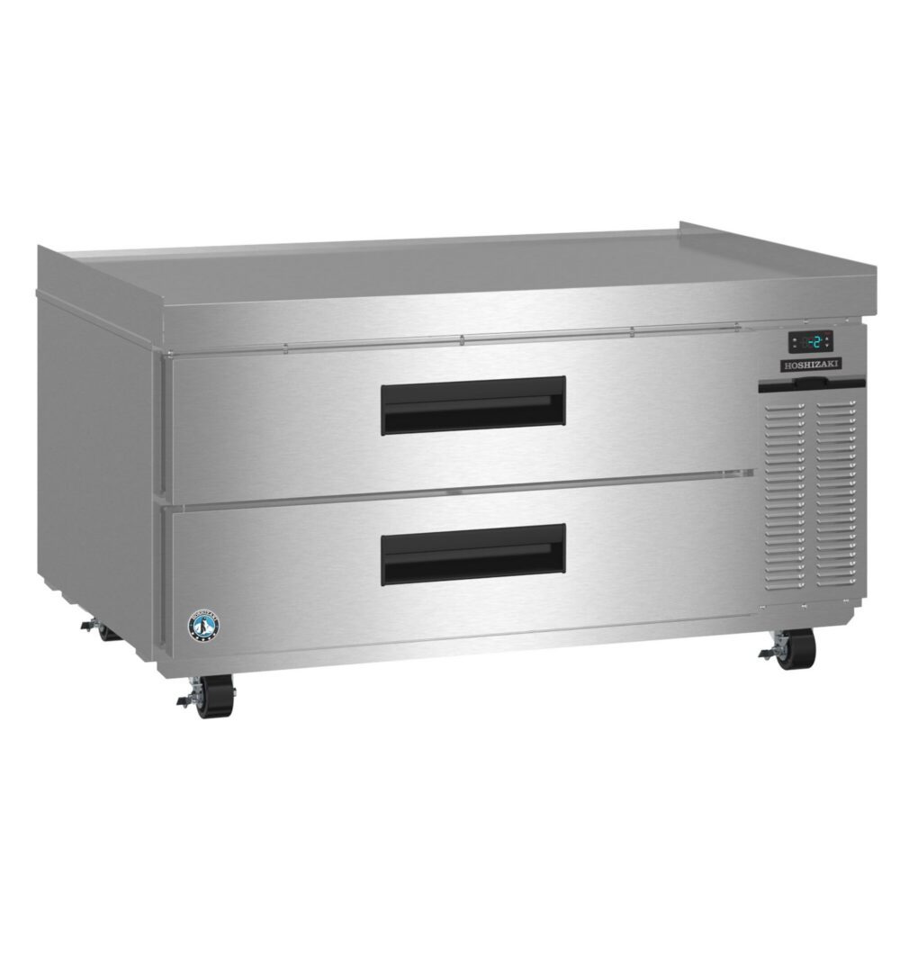 A stainless steel commercial refrigerator with two pull-out drawers, control panel on the right, and wheels for mobility.