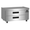 A stainless steel commercial refrigerator with two pull-out drawers, control panel on the right, and wheels for mobility.