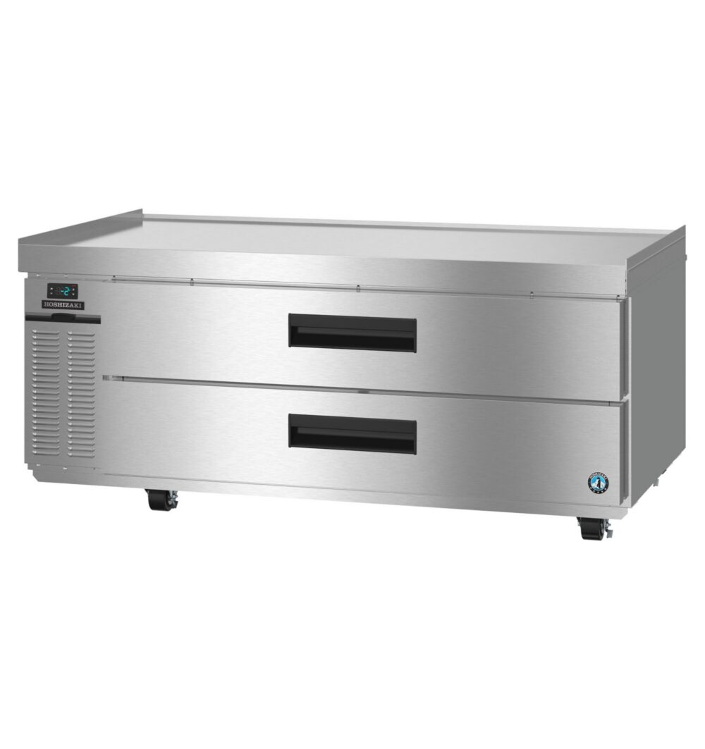Stainless steel commercial refrigeration unit with two pull-out drawers, side ventilation, and casters for mobility.