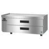 Stainless steel commercial refrigeration unit with two pull-out drawers, side ventilation, and casters for mobility.