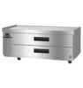 Stainless steel commercial refrigeration unit with two pull-out drawers, side ventilation, and casters for mobility.