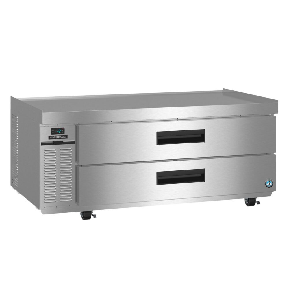 A stainless steel commercial refrigeration unit with two pull-out drawers, ventilation panel, digital display, and casters for mobility.