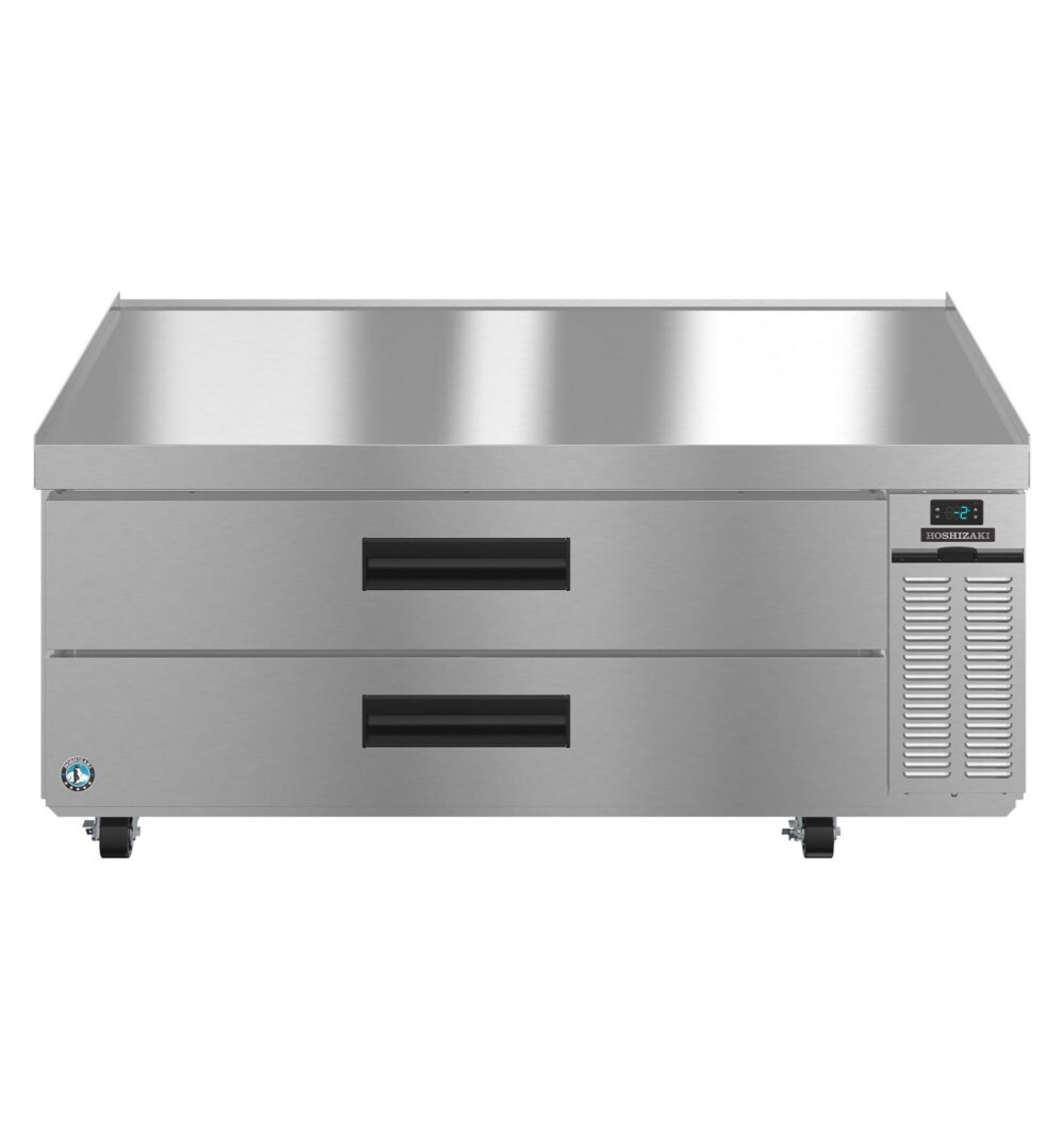 Stainless steel refrigerated prep table with two black-handled drawers, a digital temperature display, and vented panel on the right side, on wheels.