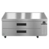 Stainless steel refrigerated prep table with two black-handled drawers, a digital temperature display, and vented panel on the right side, on wheels.