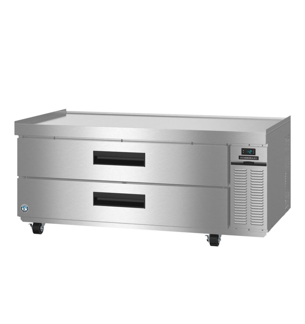 Stainless steel commercial refrigeration unit with two drawers, digital temperature display, and ventilation panel on casters for mobility.