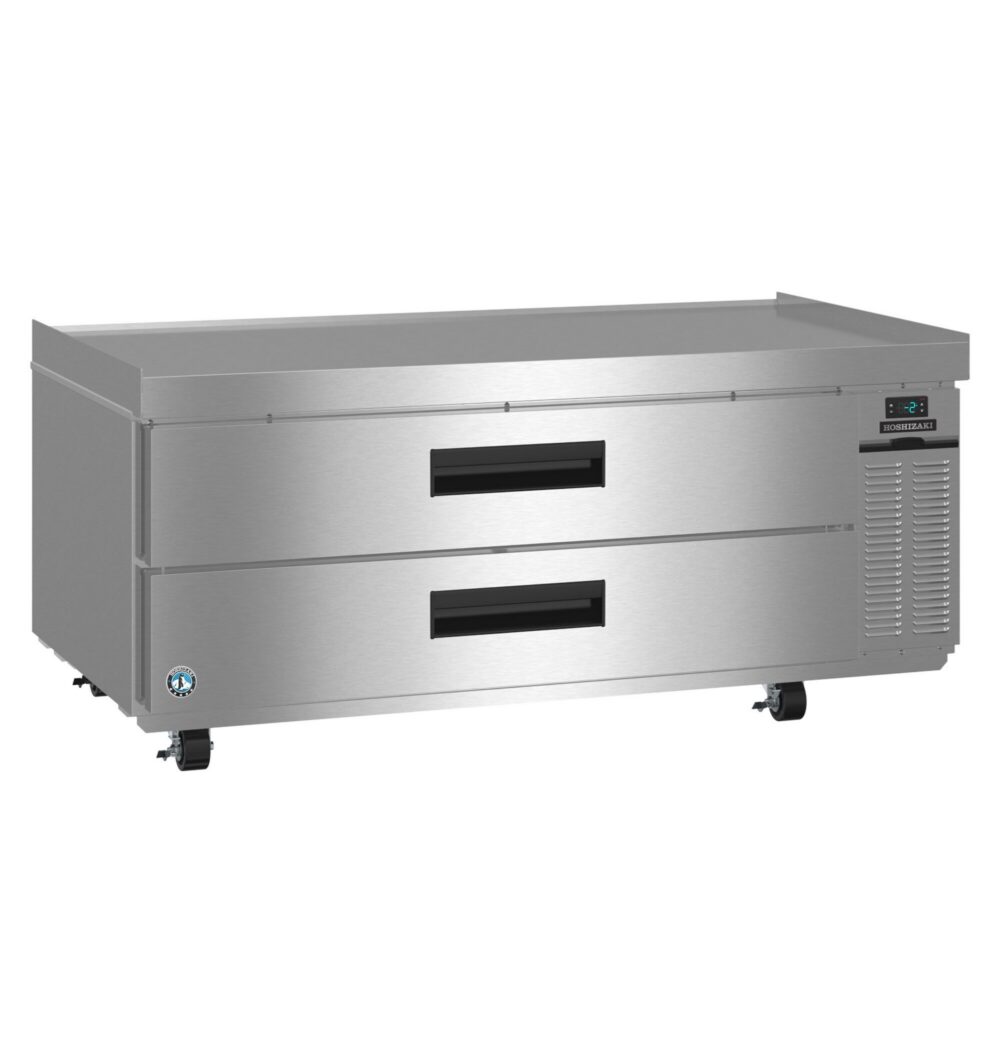 A commercial stainless steel refrigerated drawer unit with two pull-out drawers, ventilation on the right, and wheels for mobility.
