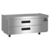 A commercial stainless steel refrigerated drawer unit with two pull-out drawers, ventilation on the right, and wheels for mobility.