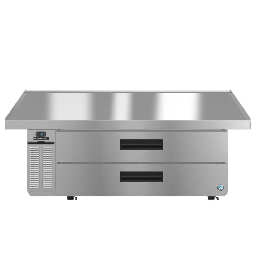 Stainless steel commercial refrigerated prep table with two pull-out drawers and a digital display on the left side.