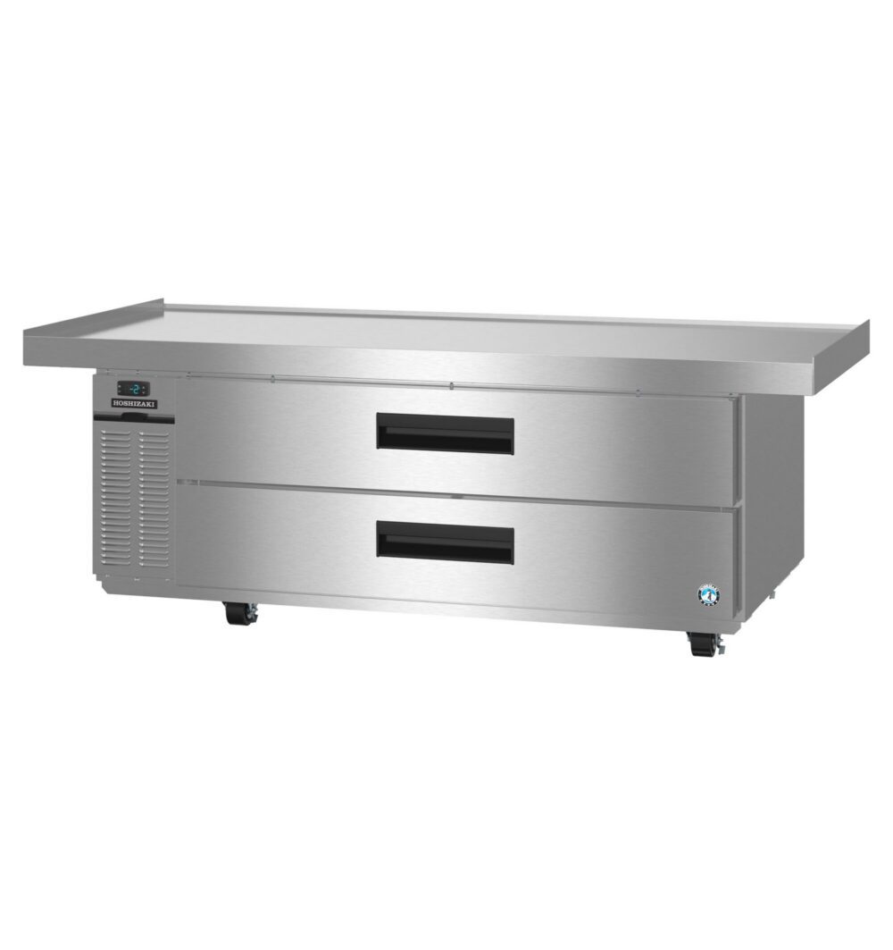 Stainless steel commercial refrigerator with two pull-out drawers, digital temperature display, and caster wheels. Suitable for food prep in commercial kitchens.