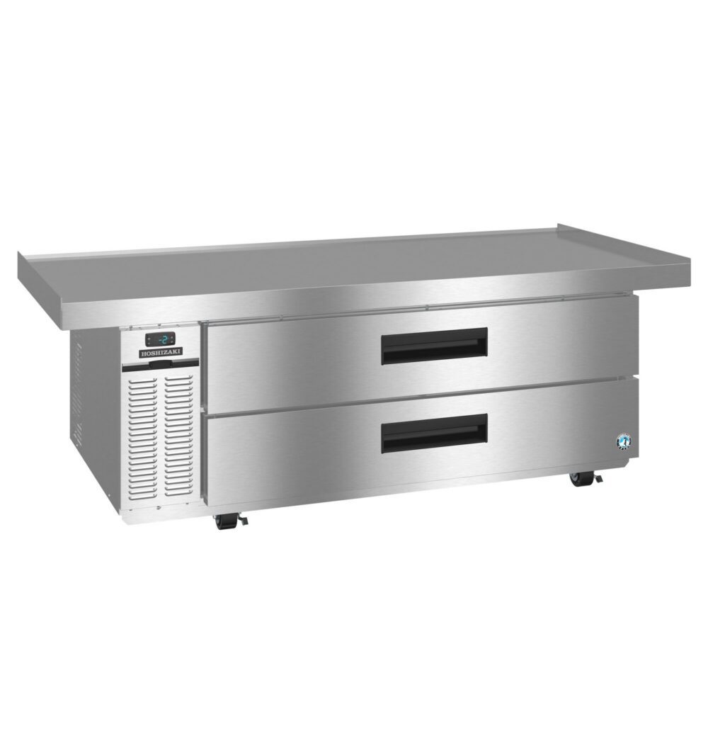 Stainless steel commercial refrigerated equipment with two drawers, a digital control panel, and four caster wheels.