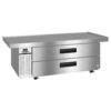 Stainless steel commercial refrigerated equipment with two drawers, a digital control panel, and four caster wheels.