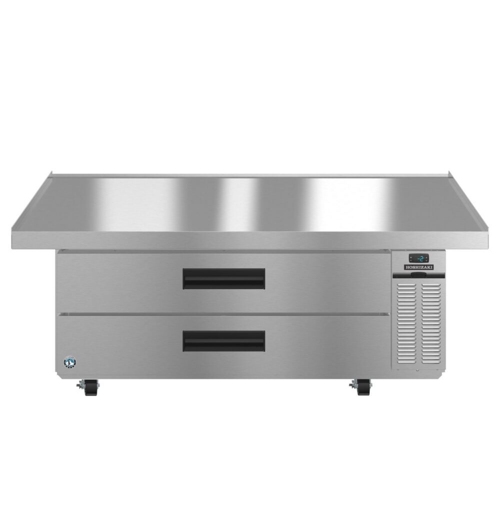 Stainless steel commercial refrigerated prep table with two drawers, a digital temperature display, and ventilation on the right side.