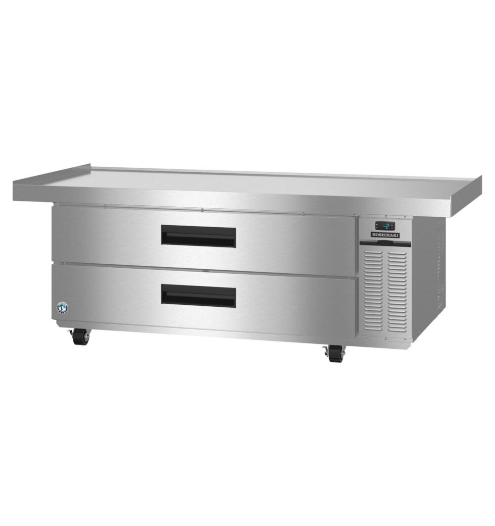 Stainless steel commercial refrigerated prep table with two pull-out drawers, digital temperature display, and caster wheels.