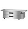 Stainless steel commercial refrigerated prep table with two pull-out drawers, digital temperature display, and caster wheels.