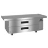Stainless steel commercial refrigeration unit with two pull-out drawers, a flat worktop surface, and caster wheels.