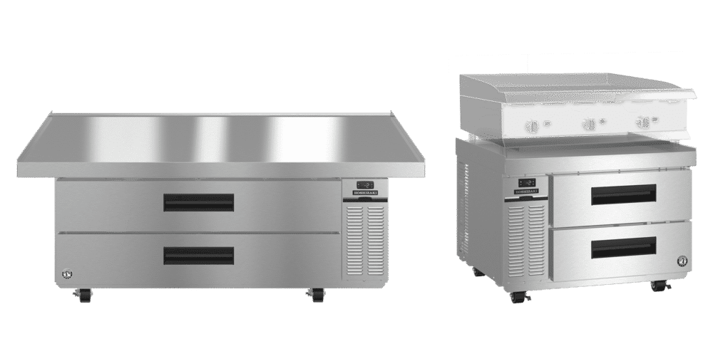 Two commercial stainless steel kitchen appliances are shown: a wide refrigerated prep table with two drawers on the left, and a grill top with two drawers on the right.