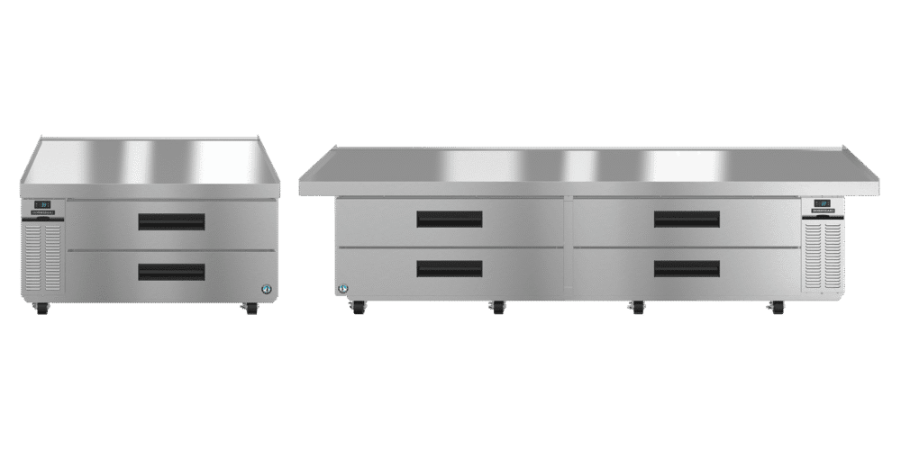 Two commercial stainless steel refrigeration units with multiple drawers, placed side by side on a plain white background.