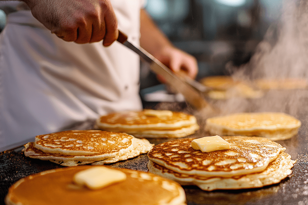A person cooks several pancakes on a griddle, each topped with a pat of butter. Steam rises as the pancakes cook.
