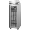 A commercial stainless steel refrigerator with a glass door, metal shelves, and a digital temperature display on top, standing on four wheels.
