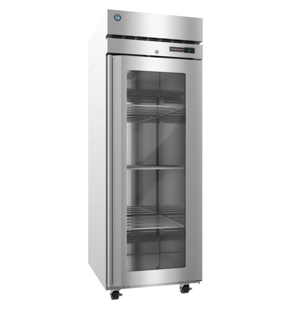 A stainless steel commercial refrigerator with a glass front door, metal shelves, and caster wheels, standing upright on a white background.