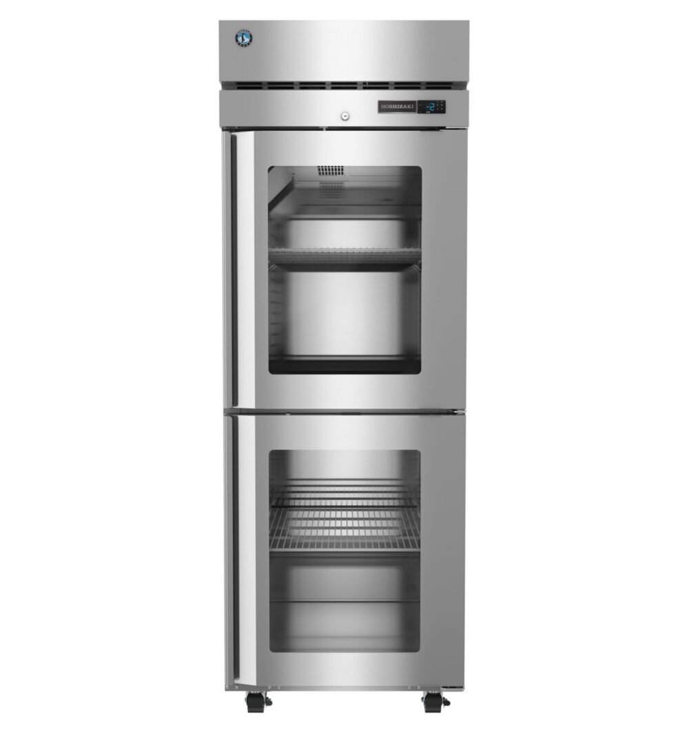 A stainless steel commercial refrigerator with two glass doors, wire shelves inside, digital temperature display, and adjustable legs.