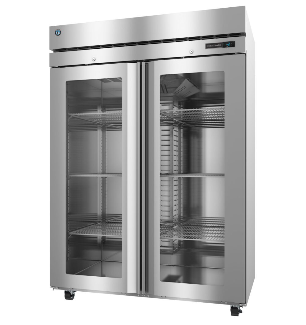 Commercial stainless steel refrigerator with two glass doors, interior shelving, and digital temperature display on top right.