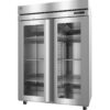 Commercial stainless steel refrigerator with two glass doors, interior shelving, and digital temperature display on top right.