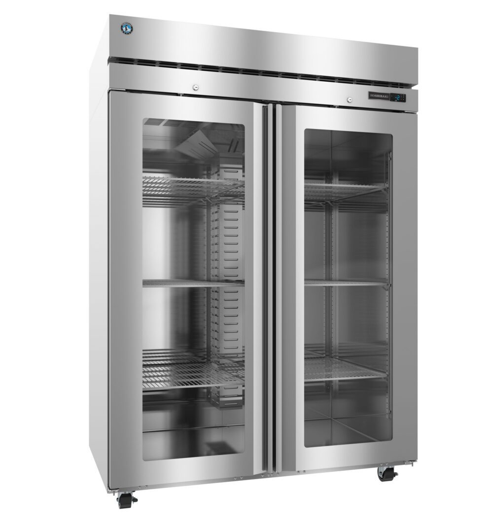 Stainless steel commercial refrigerator with two glass doors, multiple adjustable shelves, and digital temperature display on the upper right front panel.