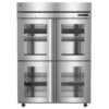Commercial stainless steel refrigerator with four glass doors, metal shelves, and digital temperature display on top right.