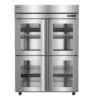 Commercial stainless steel refrigerator with four glass doors, metal shelves, and digital temperature display on top right.