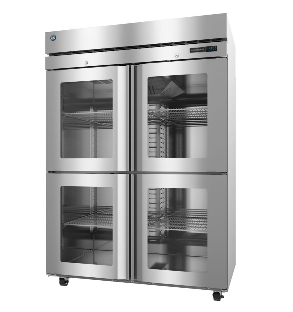 Commercial stainless steel refrigerator with four glass doors, interior shelving, and a digital temperature display on the top right.