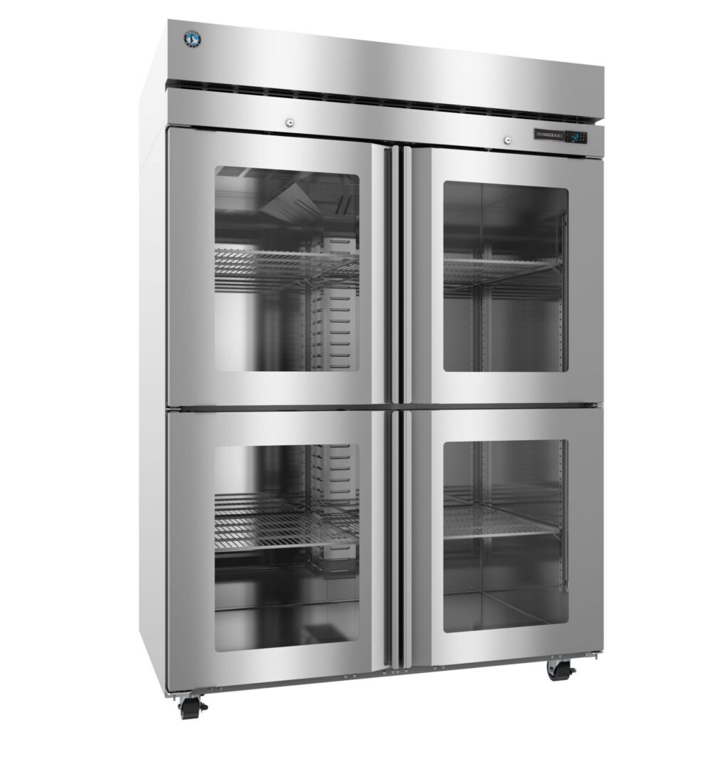 Stainless steel commercial refrigerator with four glass doors, adjustable shelves, digital display, and caster wheels.