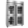 Stainless steel commercial refrigerator with four glass doors, adjustable shelves, digital display, and caster wheels.
