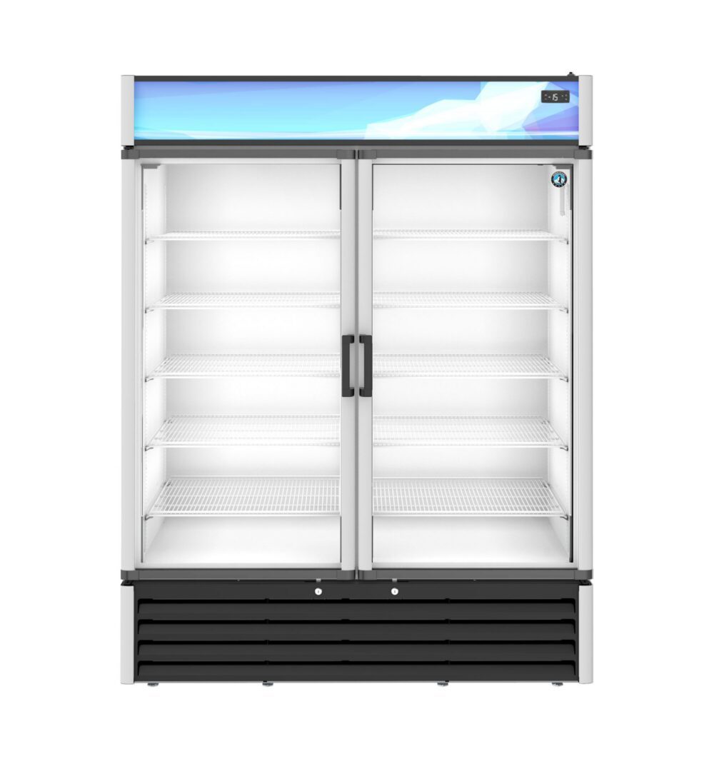 A commercial double-door glass display refrigerator with empty shelves and a digital temperature display on the top right.