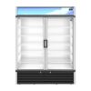 A commercial double-door glass display refrigerator with empty shelves and a digital temperature display on the top right.