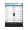 A commercial double-door glass display refrigerator with empty shelves and a digital temperature display on the top right.