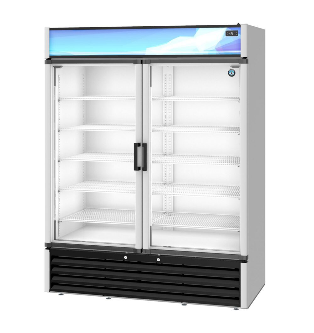 Commercial double-door glass display refrigerator with empty shelves and a white exterior.