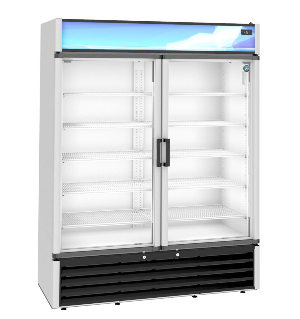 A commercial glass-door refrigerator with two sliding doors, five empty white shelves, and a digital temperature display in the upper right corner.