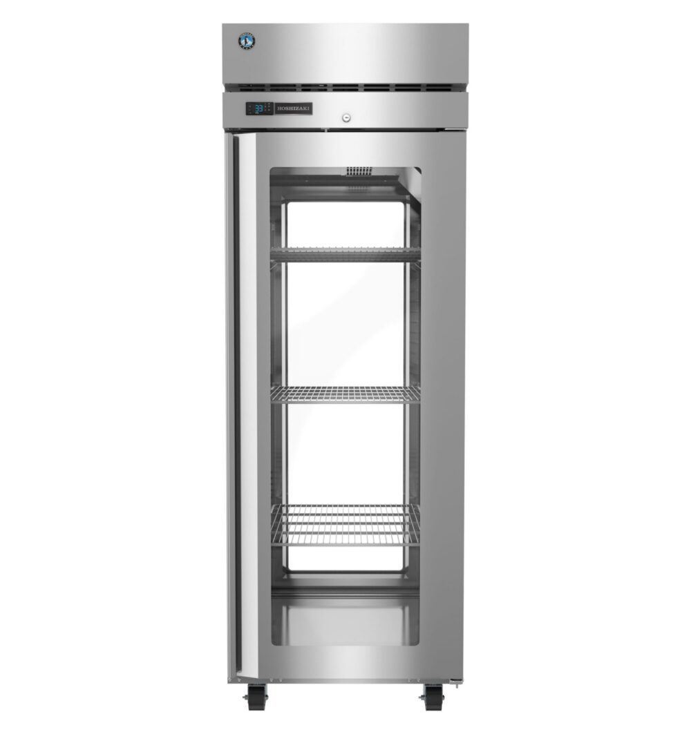 A stainless steel commercial refrigerator with a glass door, digital temperature display, and three wire shelves, shown standing on four wheels.