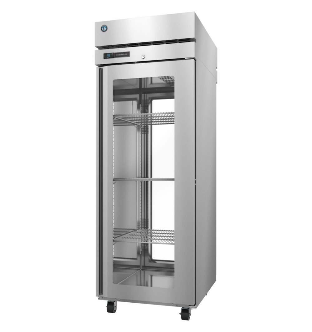 A tall, stainless steel commercial refrigerator with a glass door, digital display, interior shelves, and wheels at the base.