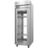 A tall, stainless steel commercial refrigerator with a glass door, digital display, interior shelves, and wheels at the base.
