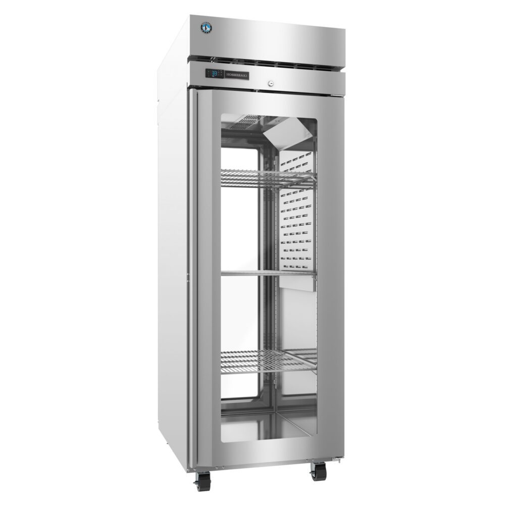 Commercial stainless steel refrigerator with a glass door, digital display, and wire shelves, shown on caster wheels.