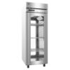 Commercial stainless steel refrigerator with a glass door, digital display, and wire shelves, shown on caster wheels.