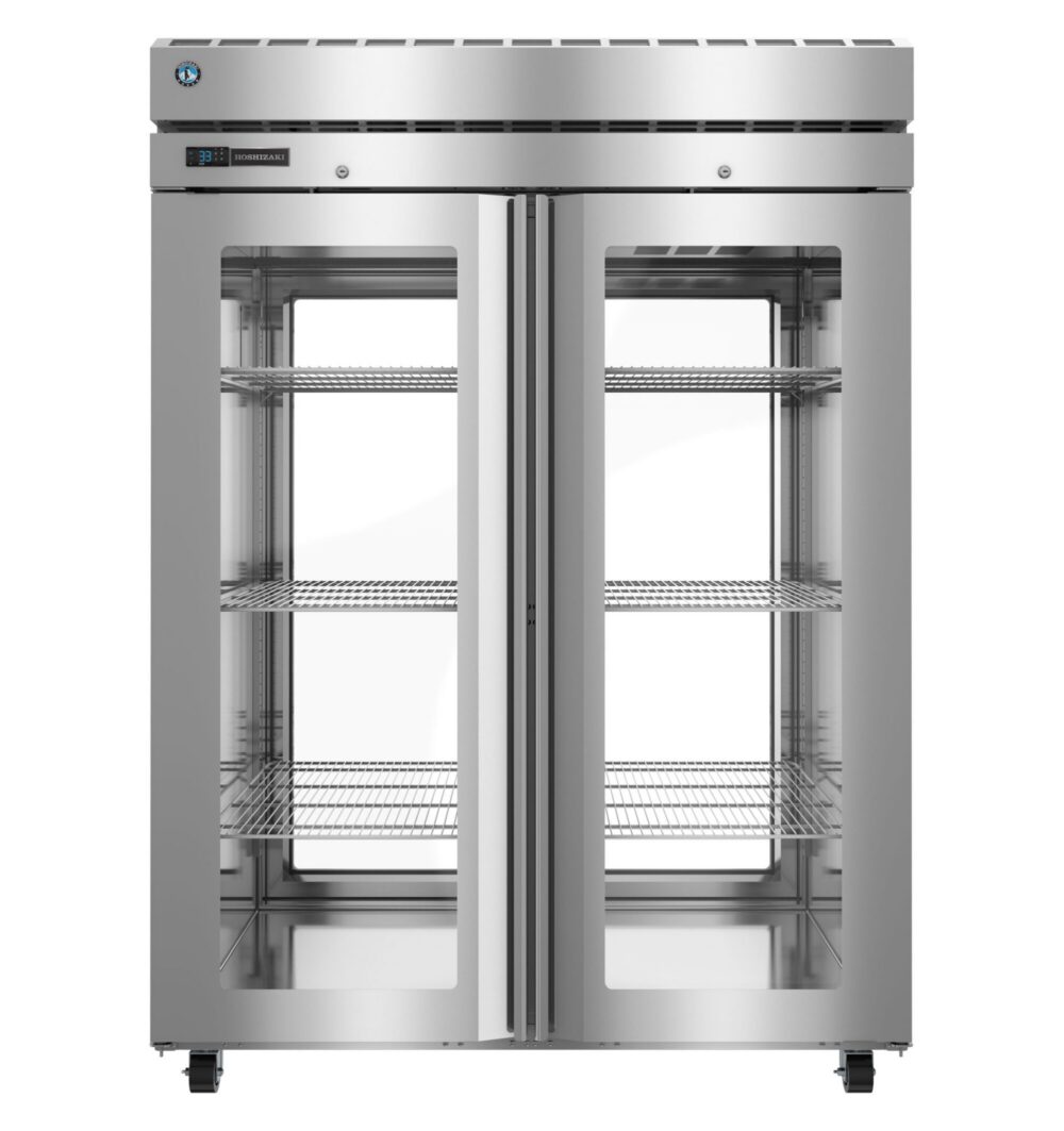 A commercial stainless steel double-door refrigerator with glass doors and three adjustable wire shelves inside.