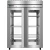 A commercial stainless steel double-door refrigerator with glass doors and three adjustable wire shelves inside.