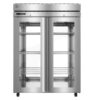 A commercial stainless steel double-door refrigerator with glass doors and three adjustable wire shelves inside.