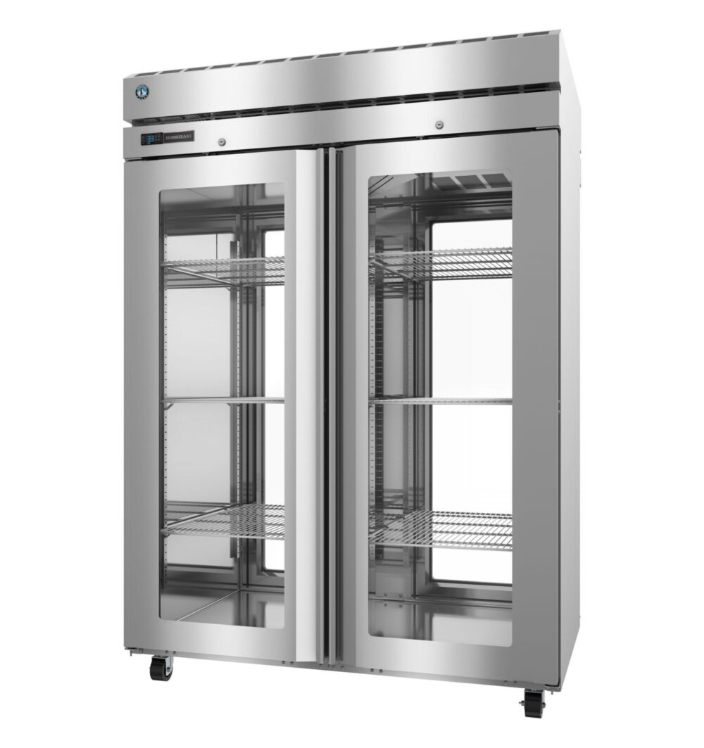 A commercial stainless steel double-door refrigerator with glass doors, metal shelves, and wheels, shown empty against a white background.