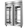 A commercial stainless steel double-door refrigerator with glass doors, metal shelves, and wheels, shown empty against a white background.
